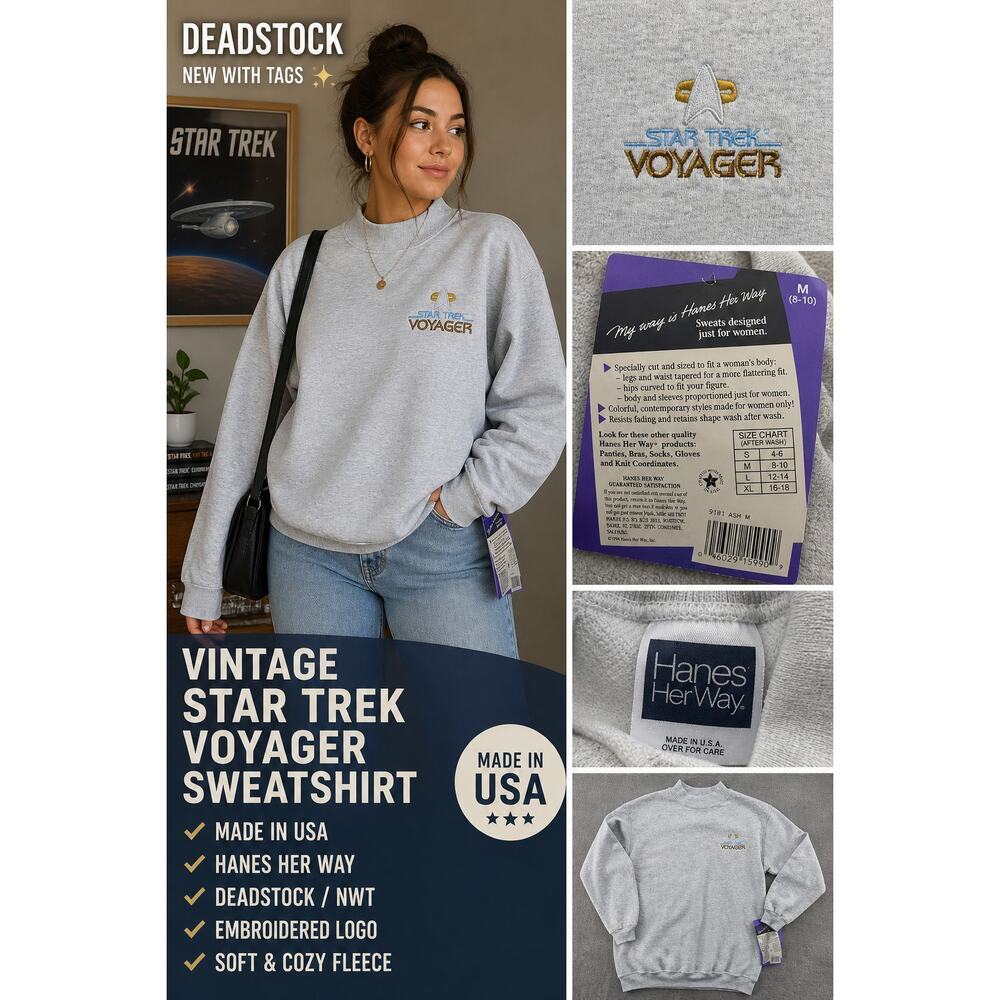 Vintage Star Trek Voyager Sweatshirt Deadstock NWT USA Hanes Her Way M